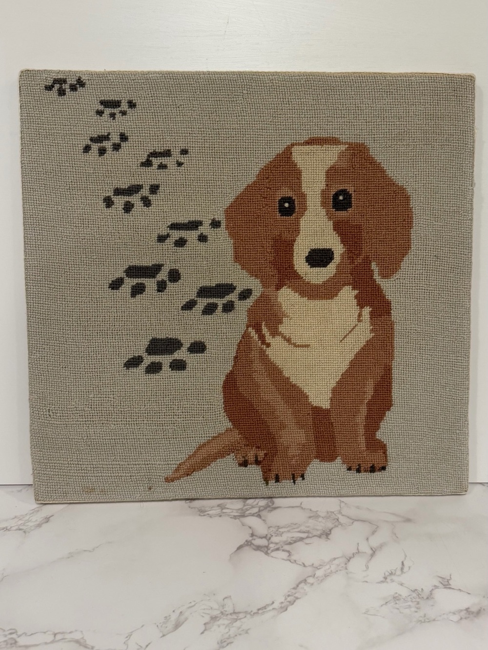 Vintage Needlepoint Puppy Dog Wall Art on Wood Frame Cottagecore Grandmillenial